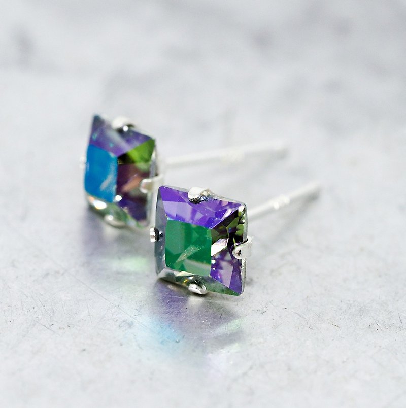 Purple Mystic Swarovski Crystal Stud Earrings, Sterling Silver, 6mm Square - 耳環/耳夾 - 其他金屬 紫色