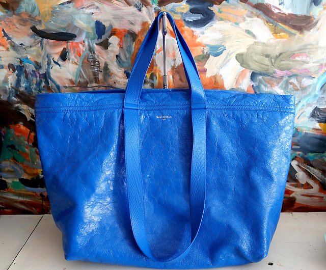 Balenciaga blue full leather cowhide wrinkled giant handbag tote bag bag name brand genuine - Shop Mr.Travel Genius Antique shop Handbags & Totes -