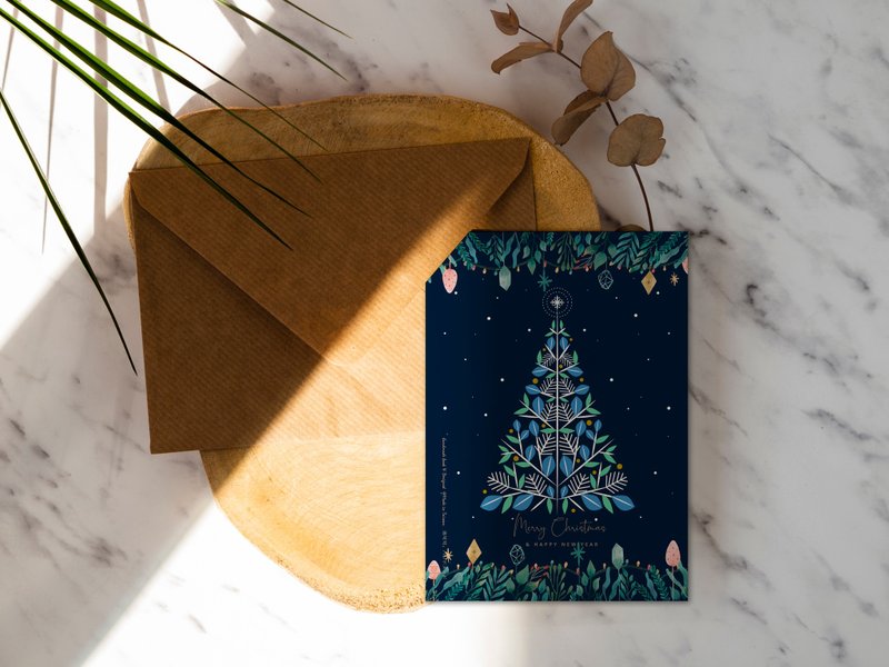 Blue Christmas Tree [CM20020] Rococo Strawberry Handmade Christmas Card Postcard with Envelope - Cards & Postcards - Paper 