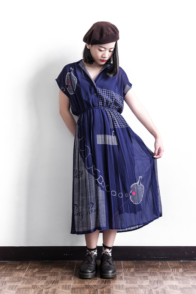 Vintage 咻咻乒乓女孩！超可愛特殊印花復古開領式古著連袖洋裝 - 洋裝/連身裙 - 聚酯纖維 藍色