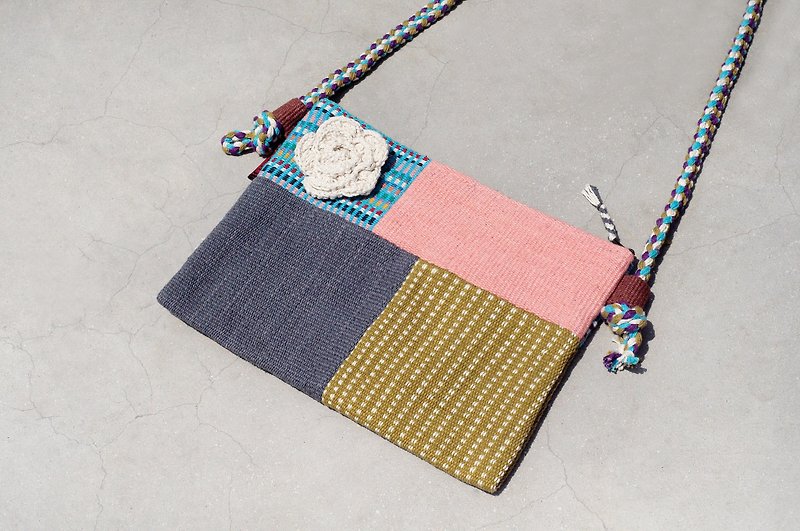 Limited one piece of natural hand-woven fabric stitching cross-body bag / backpack / shoulder bag / small bag / travel bag-Mondrian light pink patchwork design - กระเป๋าแมสเซนเจอร์ - ผ้าฝ้าย/ผ้าลินิน หลากหลายสี