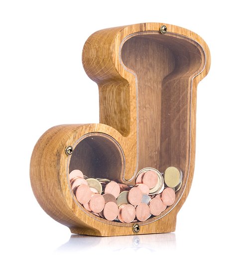 WOODPRESENTS Wood piggy bank LETTER Unique home decor Montessori toy for kids Adult money box