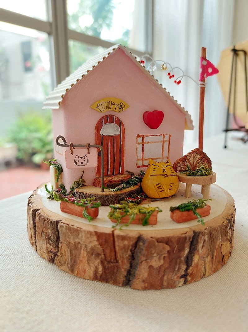 ピンクの花屋小屋/木の家/猫 - 置物 - 木製 ピンク