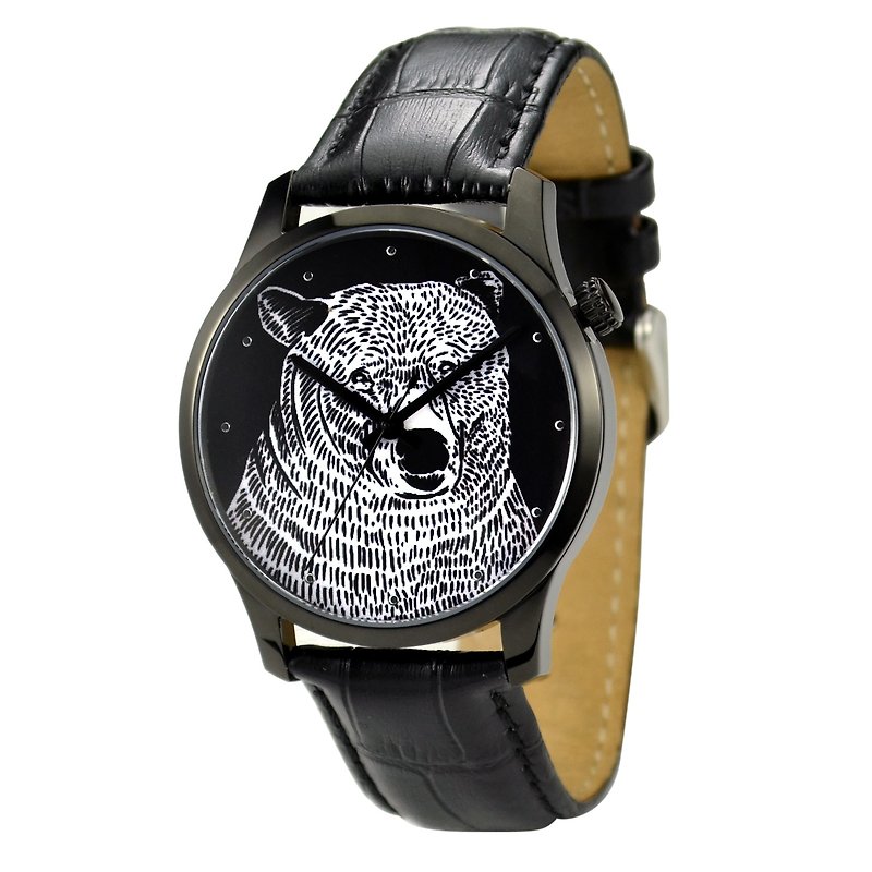 動物 (黑熊頭) 插畫手錶 黑色 大裝 全球免運 - 男裝錶/中性錶 - 不鏽鋼 黑色