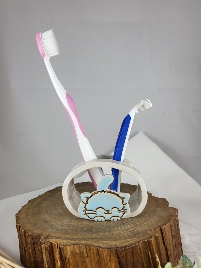 ブルー歯ブラシホルダー - バス・トイレ用品 - 陶器 ホワイト