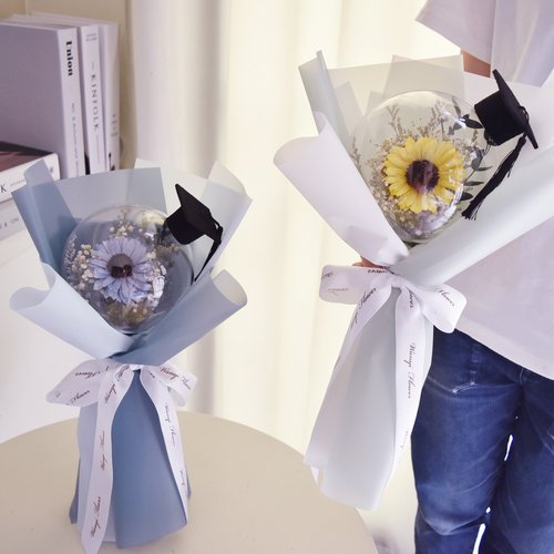 WANYI 玩藝花坊 畢業向日葵波波球花束 永生花 乾燥花 畢業禮物 畢業花束 永不消