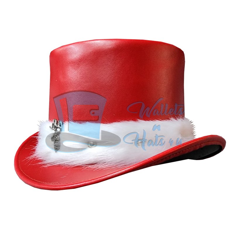 Christmas Steampunk Costume Hat - Santa Red Leather Top Hat with White Fur Trim - 帽子 - 真皮 紅色