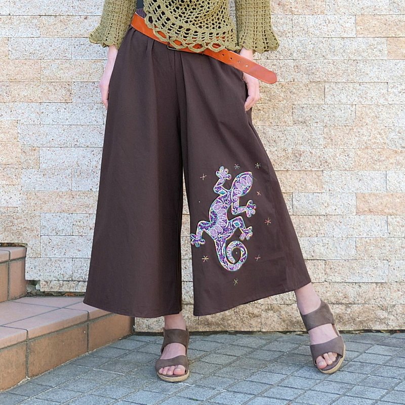 キラキラ星刺繍×とかげパッチワーク・ワイドパンツ・ブラウン - 女長褲 - 棉．麻 咖啡色