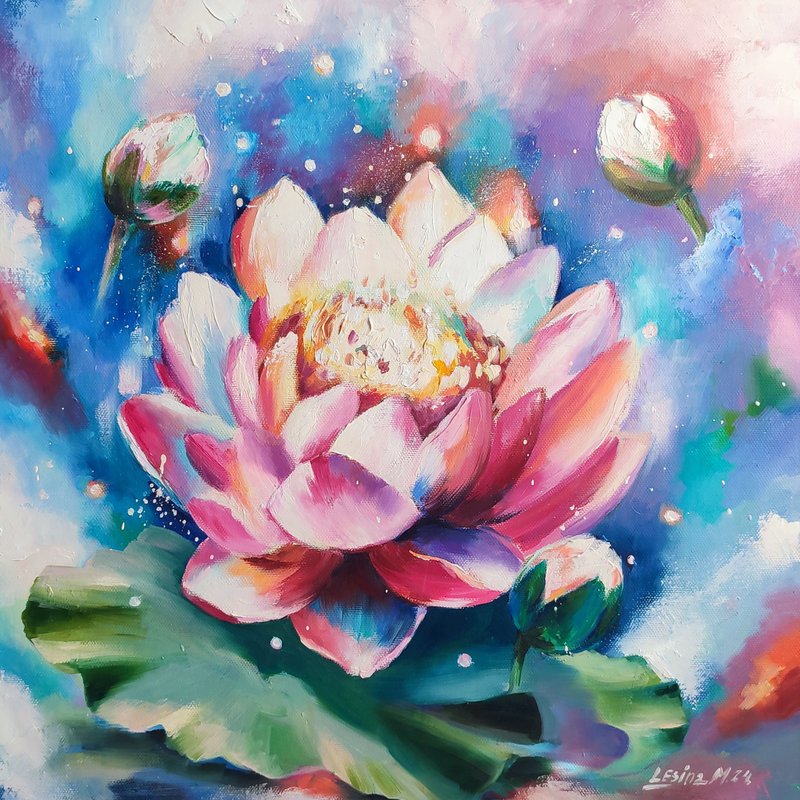 Lotus Oil Painting Lotus Original Art Pink Flower Artwork Buddhism Painting - 壁貼/牆壁裝飾 - 其他材質 