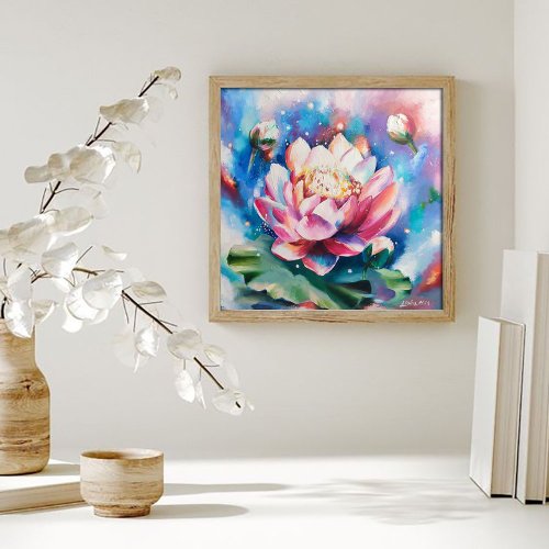 絵画 油彩画 額縁 ボード 蓮 花 絵画 油彩画 額縁 ボード 蓮 花 花油絵