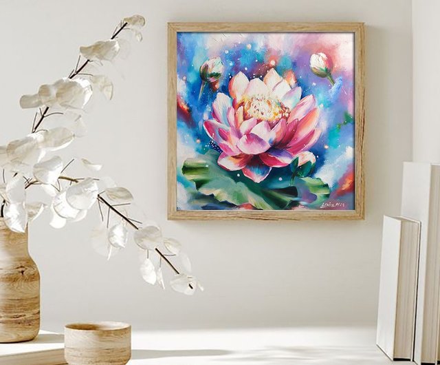 蓮の油絵 蓮のオリジナルアート ピンクの花のアートワーク 仏教絵画