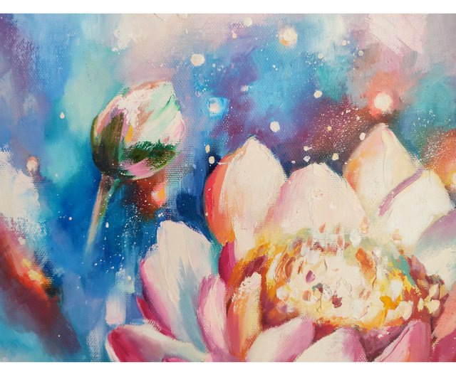 蓮の油絵 蓮のオリジナルアート ピンクの花のアートワーク 仏教絵画