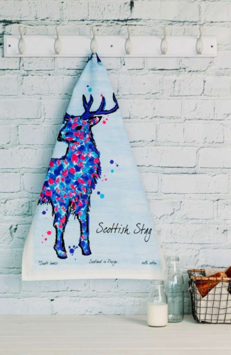 British Scott Inness Scotland hand-painted ink reindeer totem kitchen towel/dish towel - Cookware - Cotton & Hemp Blue