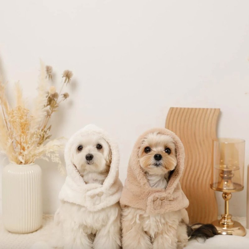 【 MONCHERI 】寵物服飾 | 連帽毛毛圍巾斗篷 - 寵物衣服 - 棉．麻 卡其色