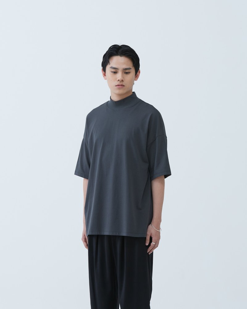ハイカラーシンプルショートTEE（グレー） - Tシャツ メンズ - コットン・麻 グレー