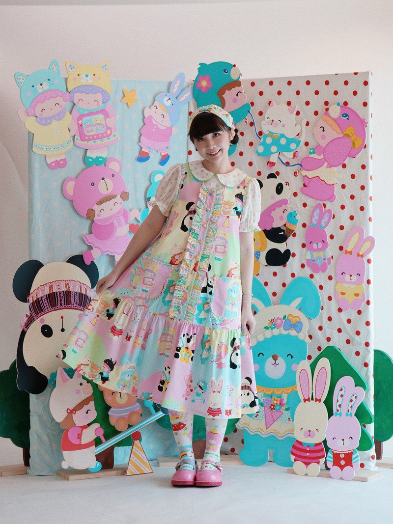 快樂泡泡一起玩游戲插畫印花背心裙 - 洋裝/連身裙 - 棉．麻 多色