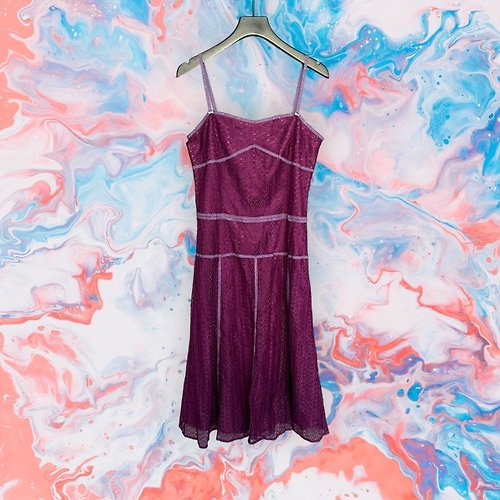 蘿綺莉蕾芭索 二手 CHIC 深紫色 蕾絲 拼接 緞帶 無袖 洋裝 G116