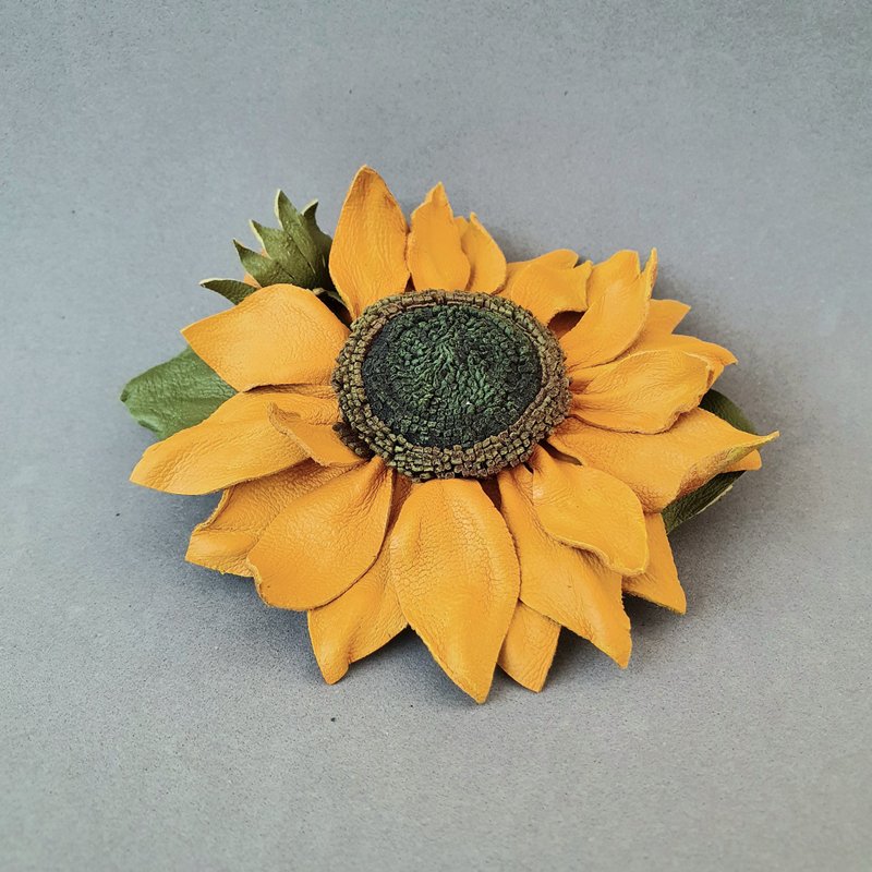 Leather brooch sunflower for her Leather women's jewelry - Brooches - Genuine Leather Yellow