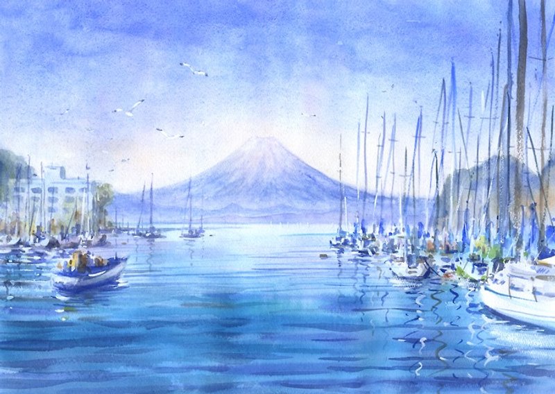 Watercolor Shonan Sea and Mt. Fuji - โปสเตอร์ - กระดาษ สีน้ำเงิน