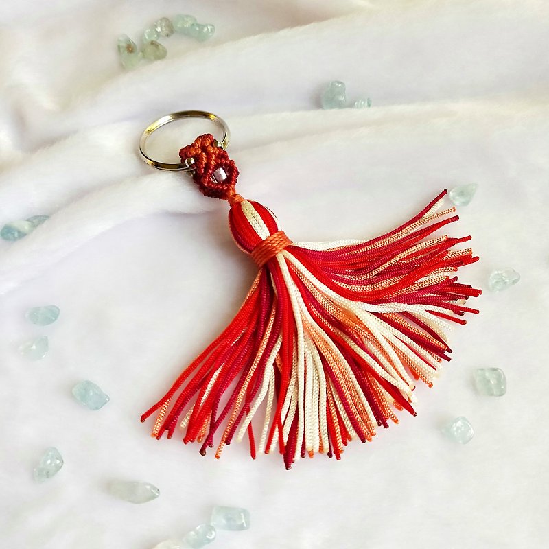 C011-Hand-woven beaded key ring passionate flame red small tassel - ที่ห้อยกุญแจ - ไนลอน สีแดง