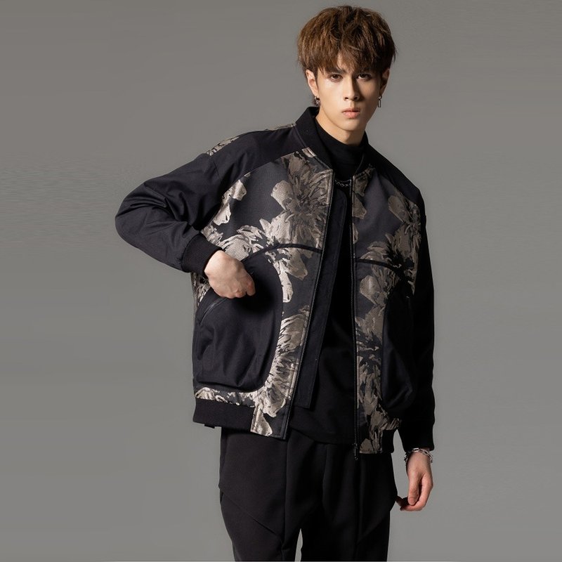 棒球領提花夾克 男士休閑拼接外套 - 男夾克/外套 - 聚酯纖維 