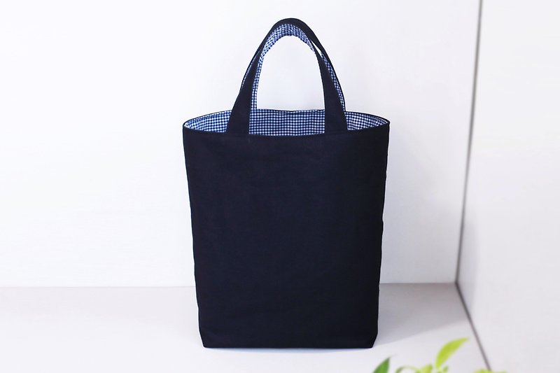 [Check Pattern Meets Canvas] Large Tote Bag / A4 Can Load Handbag Handbag Environmental Protection Bag - กระเป๋าถือ - ผ้าฝ้าย/ผ้าลินิน สีดำ