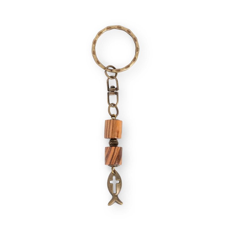 Multi-use ornament,import,cylindrical olive wood bead,bronze rich fish,hand-made - Keychains - Wood Multicolor