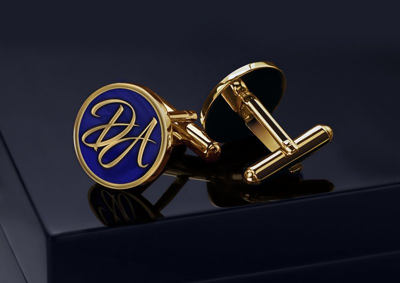 Gold-plated blue Cufflinks for groom, Personalized wedding Cufflinks Initials - กระดุมข้อมือ - เงินแท้ สีทอง