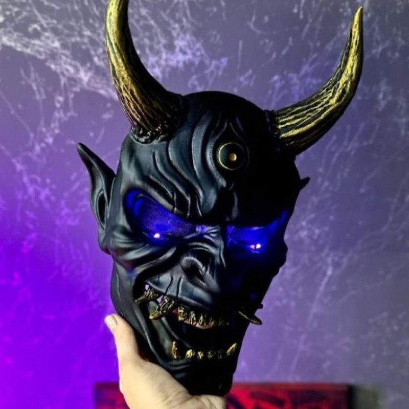 DBD Oni Purple Chameleon Mask with LED lights, Dark Blue Japanese Oni Demon mask - 口罩/口罩收納套 - 樹脂 藍色