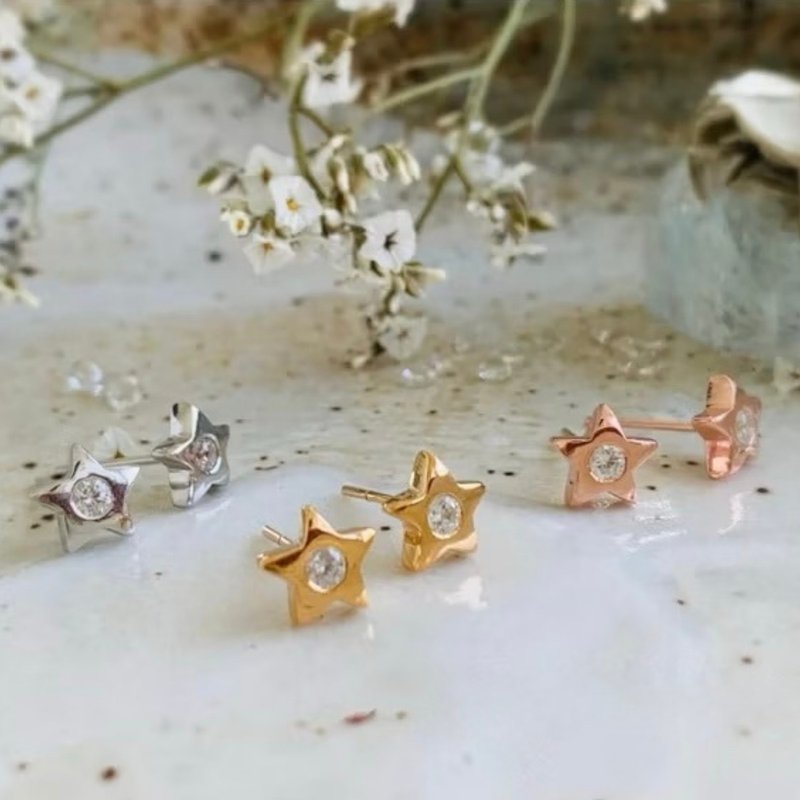 星形耳環, 白色/透明鋯石 (白色/無色鋯石) 3毫米。 - 耳環/耳夾/耳骨夾 - 半寶石 透明