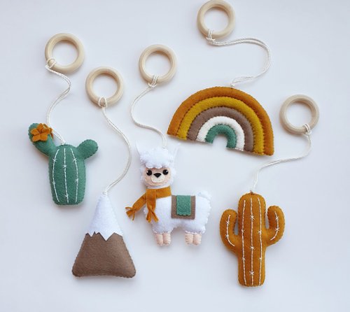 FeltGiftFinds Llama play gym toys, cactus, mountain baby play gym toys, boho baby play gym toy