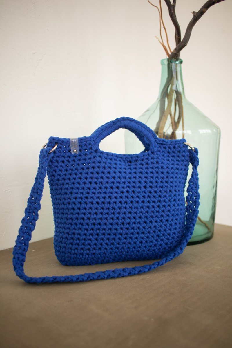 Blue handbag with short and long handles. - Handbags & Totes - Cotton & Hemp Blue