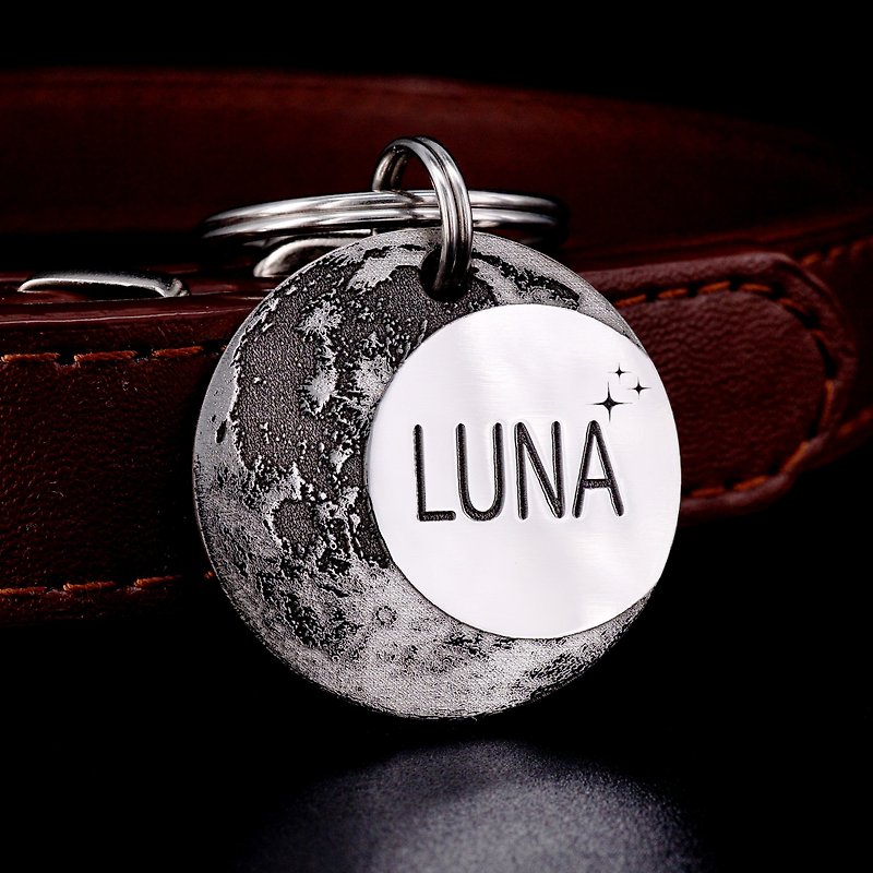 Luna Cat Tag, Custom Moon Dog Tag, Unique Near and Far Side of the Moon Pet Tag - Collars & Leashes - Stainless Steel Silver