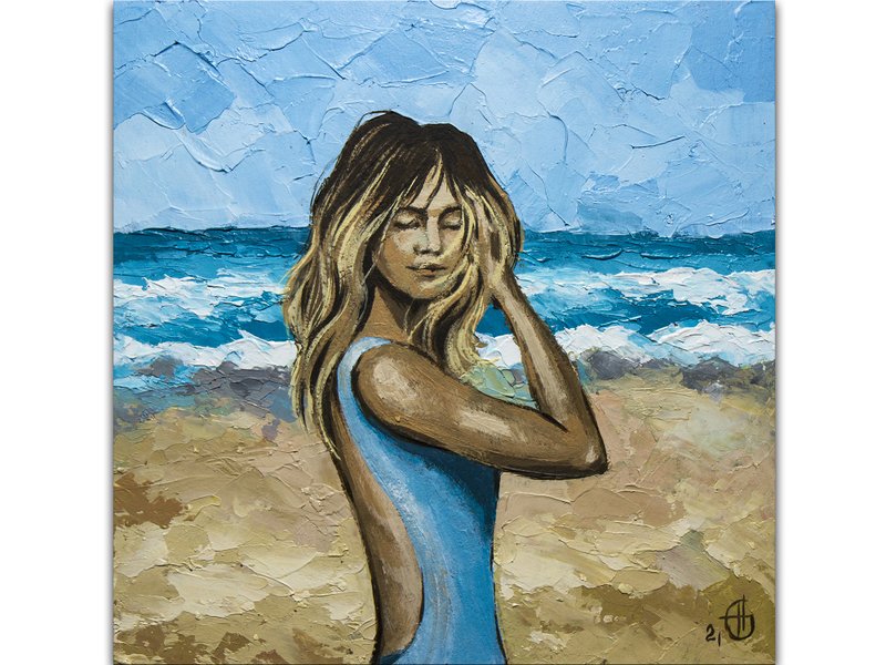 Girl on Beach Painting California Seascape Original Oil Painting Malibu Beach - 壁貼/牆壁裝飾 - 其他材質 藍色
