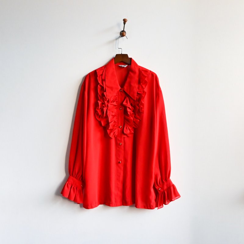 【蛋植物古著】法朗明哥荷葉純色古著襯衫 - 女襯衫 - 其他人造纖維 紅色