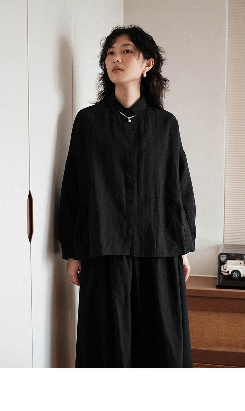 休閒棉麻 簡約褶皺寬松翻領襯衣女 - 女襯衫 - 棉．麻 