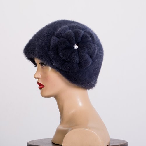 FurStyleUA Warm Luxury Winter 100% Real Mink Fur Hat Blue Color Beanie Hat For Women
