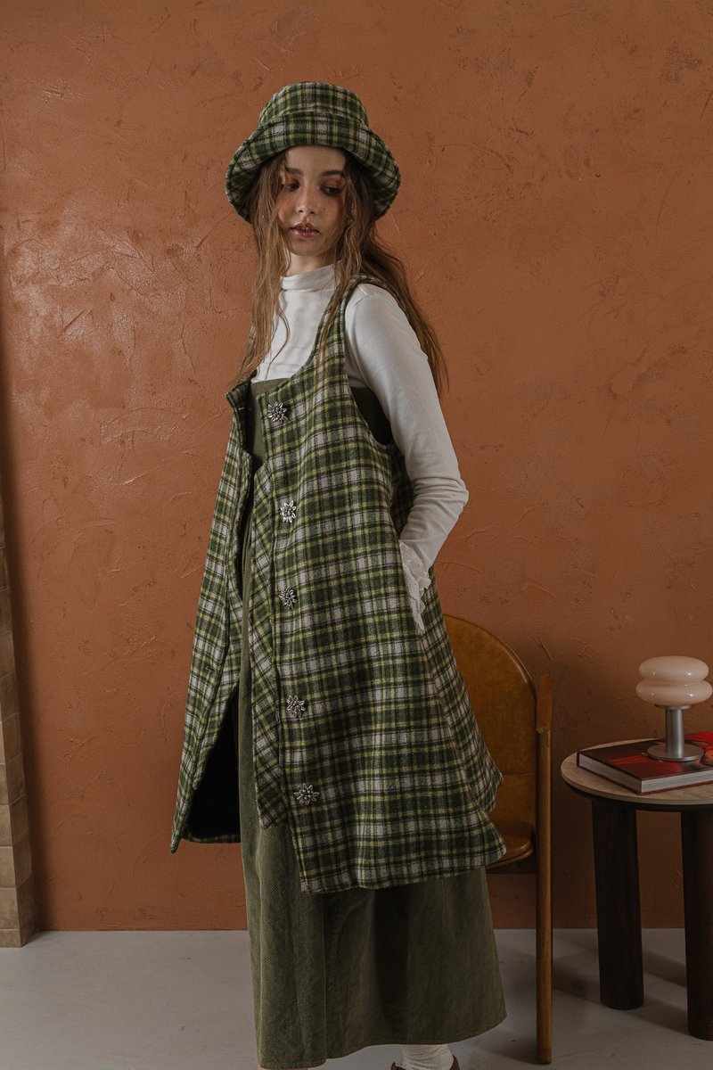 wool plaid vest dress jacket 羊毛格紋背心洋裝外套 - 女大衣/外套 - 羊毛 綠色
