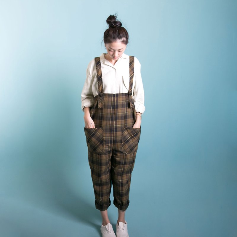 Wide version of suspenders plaid - Overalls & Jumpsuits - Cotton & Hemp Brown