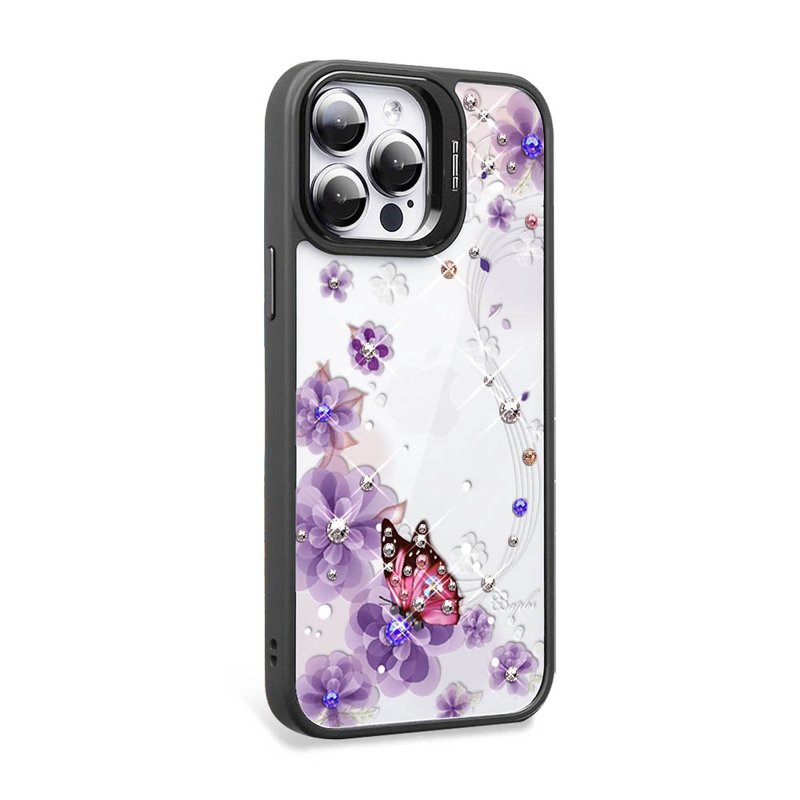 iPhone 15 series shockproof double material invisible stand color diamond mobile phone case-Love Butterfly Love-Black Frame - เคส/ซองมือถือ - วัสดุอื่นๆ หลากหลายสี