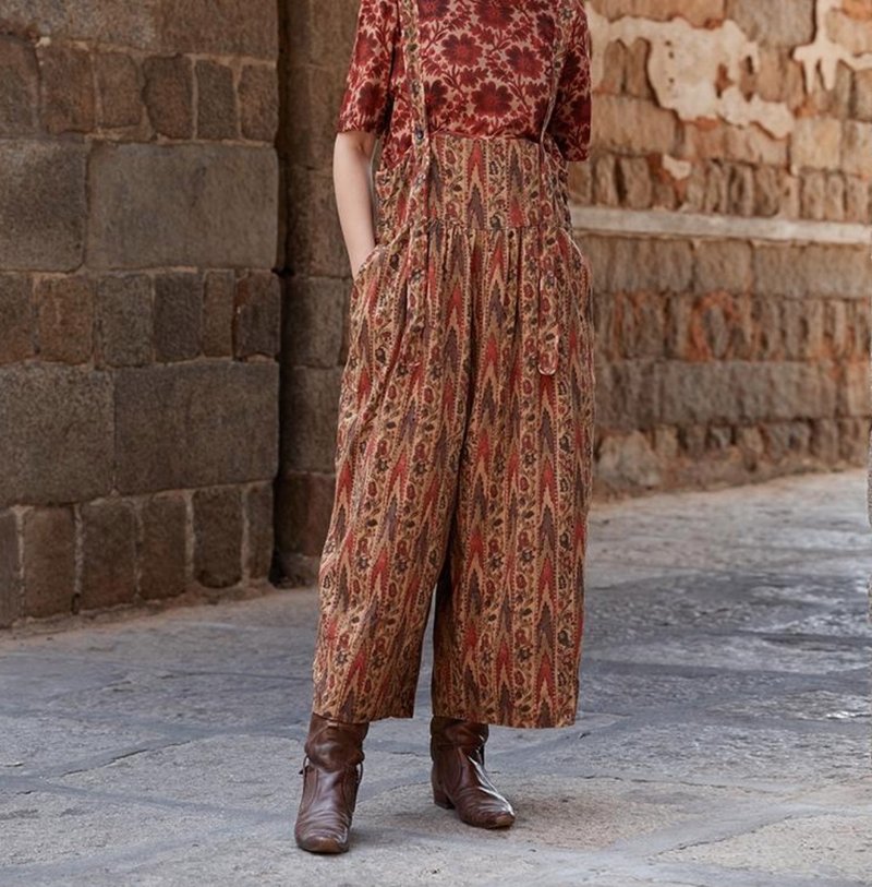 復古文青 絲棉印花寬鬆長褲 - 女長褲 - 其他材質 多色