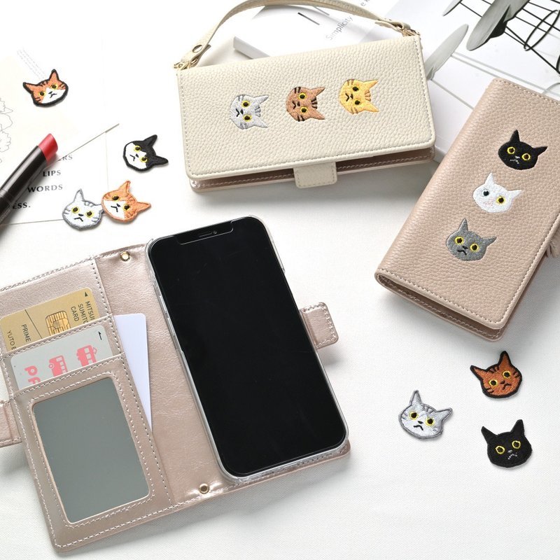 多機種対応 スマホケース 手帳型 【 3匹の猫 】 ミラー付き スマホショルダー スマホスタンド サイドマグネット くすみカラー 猫 A306I - 手機殼/手機套 - 真皮 咖啡色
