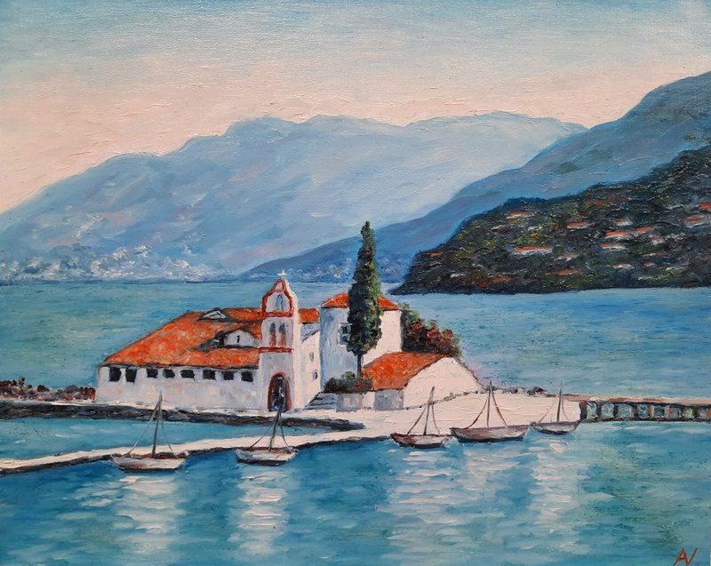 Corfu island oil painting, Greek Orthodox church artwork, handmade wall art - Wall Décor - Eco-Friendly Materials Blue