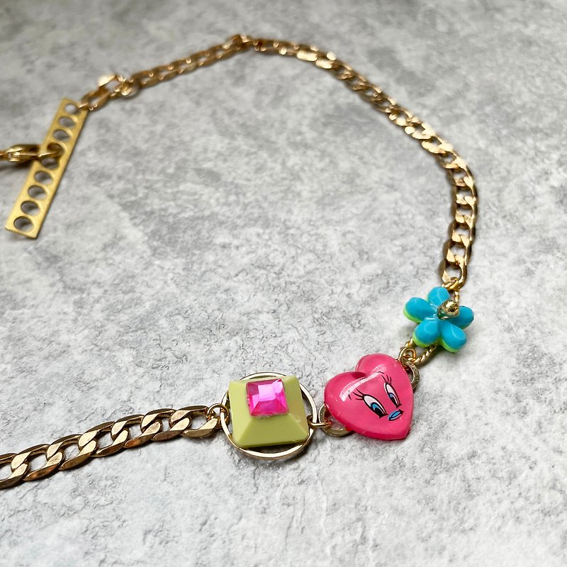 Remake! Tweety Bird Necklace with blue blue flower and gemstone - Necklaces - Other Metals Pink