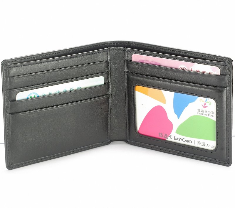 Simple men's short clip leather wallet 5 card photo black/brown Paid custom lettering service - กระเป๋าสตางค์ - หนังแท้ สีดำ