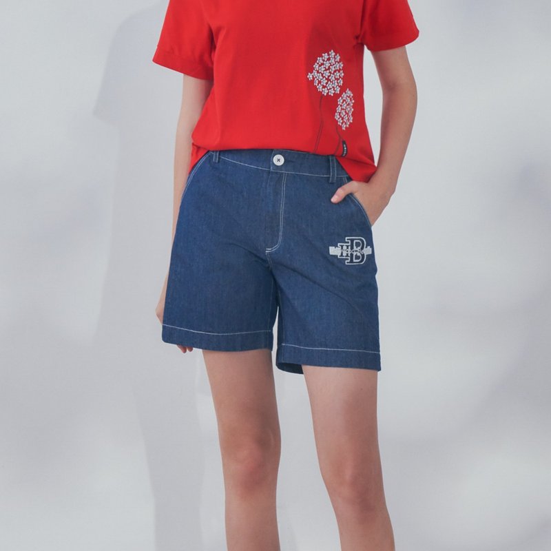 【MEDUSA】HB 壓線牛仔及膝短褲 (M-2L) | 女牛仔短褲 加大尺碼 - 女裝短褲 - 棉．麻 藍色