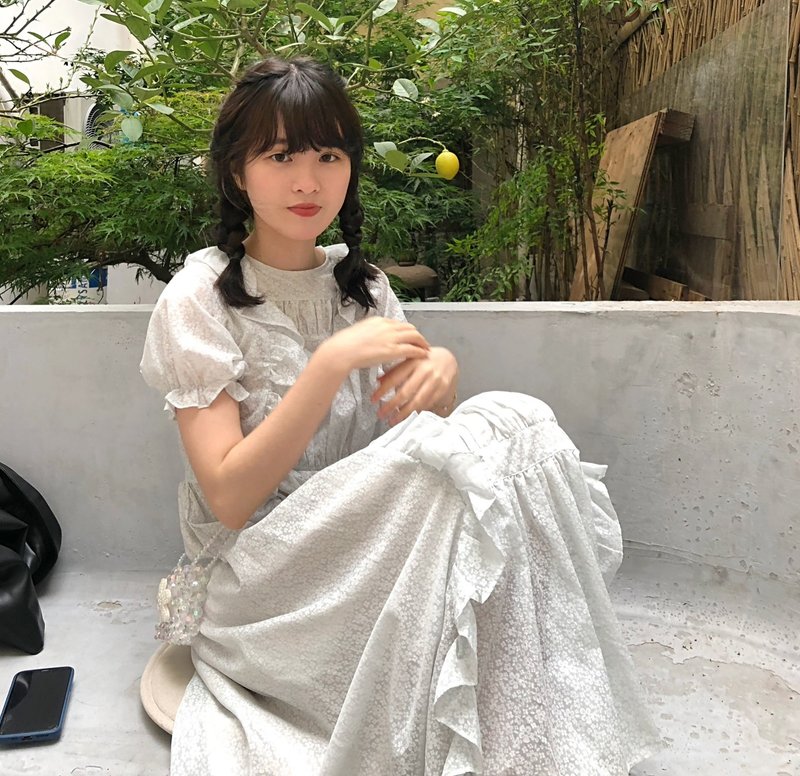 【花瓣】日系復古/暗紋碎花/木耳邊連衣裙/洋裝 - 連身裙 - 其他材質 藍色