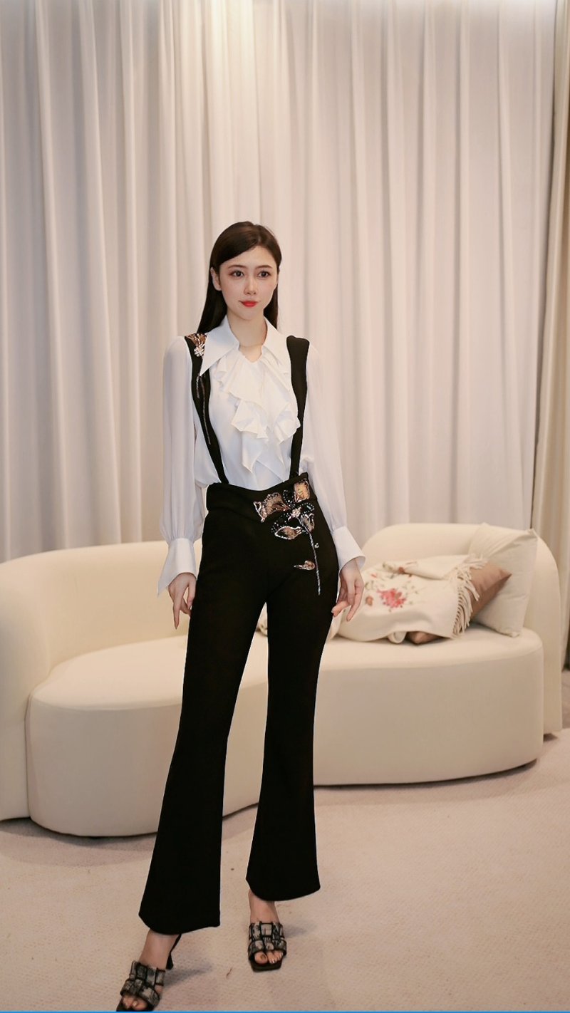 SOLELEGIA BLACK EMBROIDERED SLIM JUMPSUIT - กางเกงขายาว - วัสดุอื่นๆ สีดำ