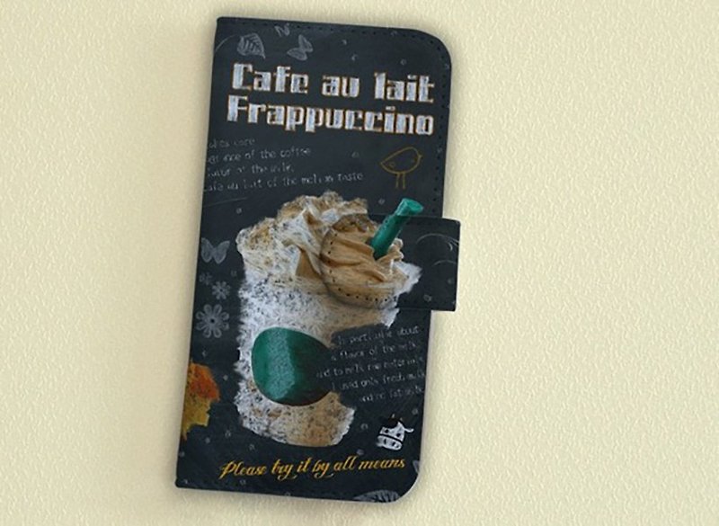 [Compatible with all models] Free shipping [Notebook type] Cafe au lait Frappuccino English version Smartphone case - เคส/ซองมือถือ - หนังแท้ สีเหลือง