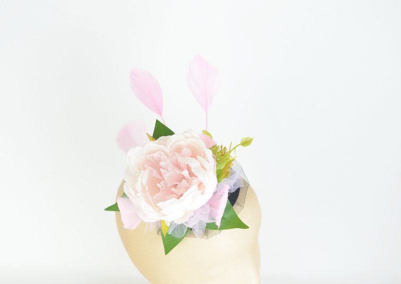 Fascinator with Statement Peony Silk Flower, Feathers and Tulle in Pastel Pink - Hair Accessories - Other Materials Pink